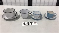 ENAMELWARE CUPS AND SAUCERS