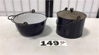 2 ENAMELWARE POTS WITH HANDLES, 1 LID