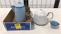 ENAMELWARE COFFEE POT AND CUP