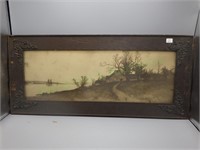 Vtg framed photograph of cottage on riverbank #2