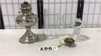 SILVER PLATED OIL LANTERN, GLASS OIL LAMP