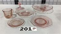 PINK DEPRESSION GLASS-7 CUPS AND SAUCERS