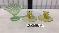 3 GREEN CANDLE HOLDERS, GREEN VASE,