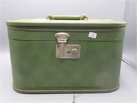 VTG olive green train case w/ hard handle & mirror