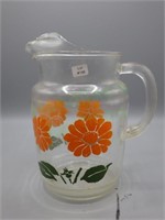 VTG clear glass pitcher orange flowers retro style