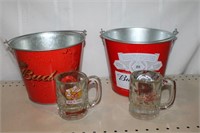 2 Budweiser buckets, dog and suds mugs