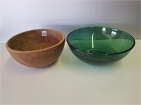 Green Glass Bowl 11", Wood Bowl 10"