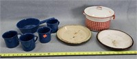Enamelware Cups, Pie Plates, & Kettle