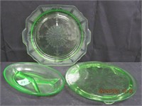 GREEN DEPRESSION GLASS 3pc SERVING PLATES