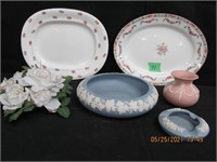 2 PLATTERS, 3pc POTTERY AND DIVIDED DISH