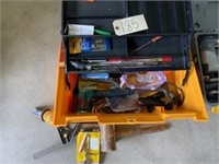 Tool box, squares, hammers, drill bits