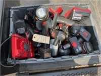 Box batteries, chargers, drills