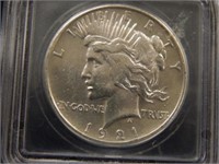 1921 Peace Silver Dollar; ICG-AU55 Details;