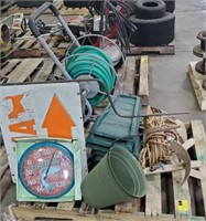Pallet w/ hose rope river pebble pots and more