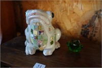 Green Glass Frog Paperweight & Mosaic Frog