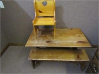 Childs table, bench, chair.