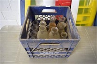 16 Milk Bottles in Blue Crate