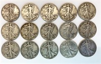 (15) Silver walking Liberty half dollars