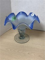 Blue Hand Blown Art Glass Pedestal Bowl