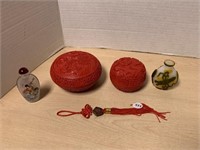 2 Round Red Carved Boxes And 2 Small Bottles