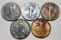 Lot of 5 1930s Toned Walking Liberty Half Dollars