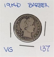 1914D  Barber Quarter VG