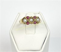 ENGLISH VICTORIAN 18K GOLD PEARL AND RUBY RING