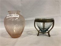 2 Art glass vase, pink crackle, green in brass
