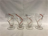 4 Art glass glasses clear with red stripe, 6 3/4”