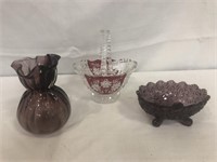 3 Art glass, amethyst vase 5.5”, footed bowl