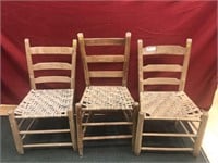 3 primitive ladder back chairs with split hickory