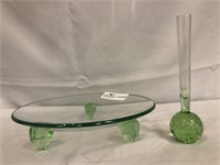 Green crystal footed bowl 9.5”d, green crystal