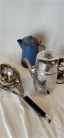 Vintage coffee pot, strainer, and electric pot