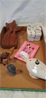 Box lot of misc.  Wooden camel, wood cats, stone