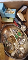 Box lot of misc collector spoons and jewelry