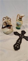 Box lot of 3 vases /pitchers and metal cross