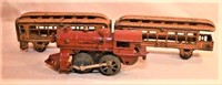 Three original cast iron train cars, cast iron