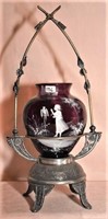 Mary Gregory vase set in silver plate stand 15”