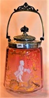 Mary Gregory cranberry biscuit jar, enameled
