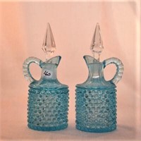 Blue hobnail cruet pair, clear ground stoppers 8