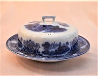 Flow Blue “Shanghai” covered butter dish