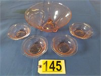 Footed Pink Glass Bowl & 4 Berry Bowls