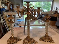 3 Piece Brass/glass candleholder, more