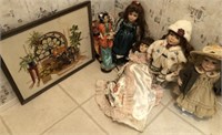 GROUP OF DOLLS AND PRINT