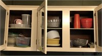 CONTENTS OF CABINET, MIXING BOWLS, SIFTERS,