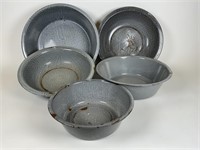 5 Gray enamelware / agate bowl lot