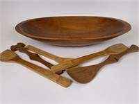 Wood dough bowl & spoons