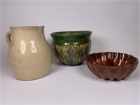 Planter, red ware mold & pitcher