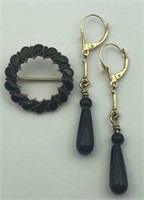 Black Onyx 14K yellow gold pin & earrings