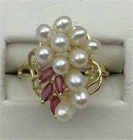 Ladies 14K yellow gold seed pearl & ruby ring